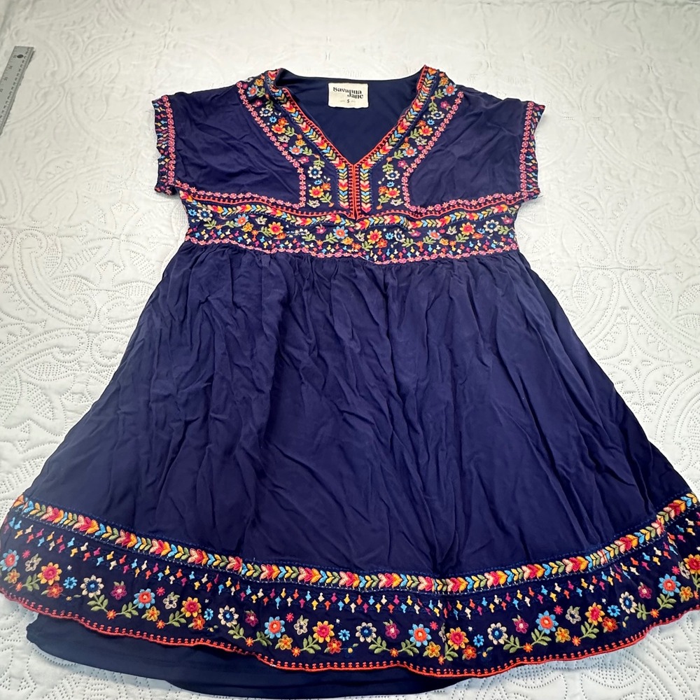Savanna Jane Navy Blue Floral Embroidered Babydoll Top Mini Dress Small